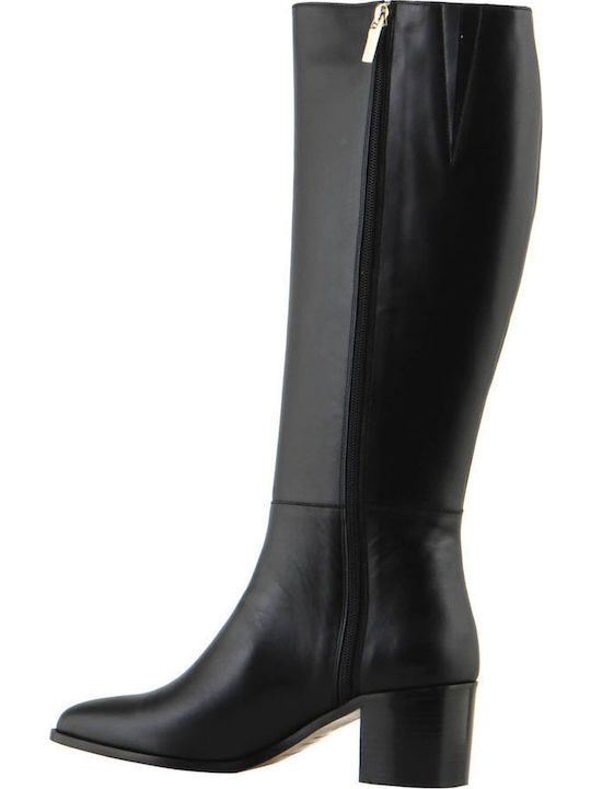Leder Damenstiefel mit mittlerem Absatz Schwarz