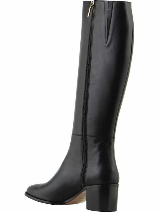 Leder Damenstiefel mit mittlerem Absatz Schwarz