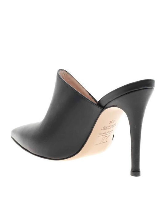 Leather Mules with High Heel in Black Color