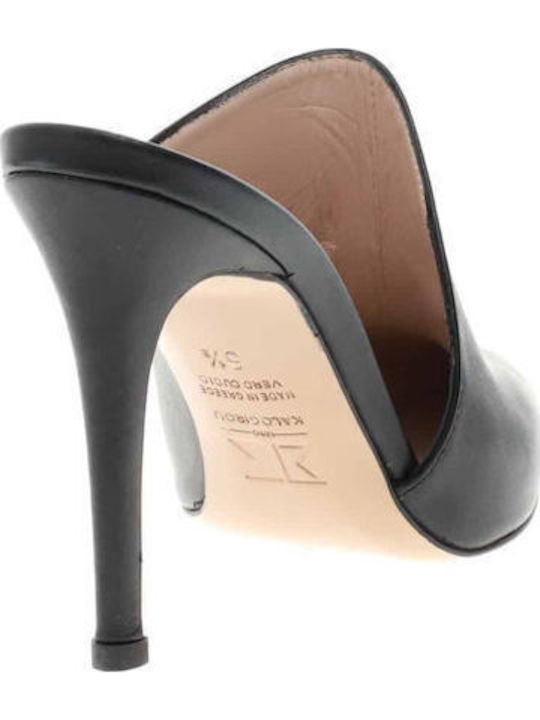 Leather Mules with High Heel in Black Color