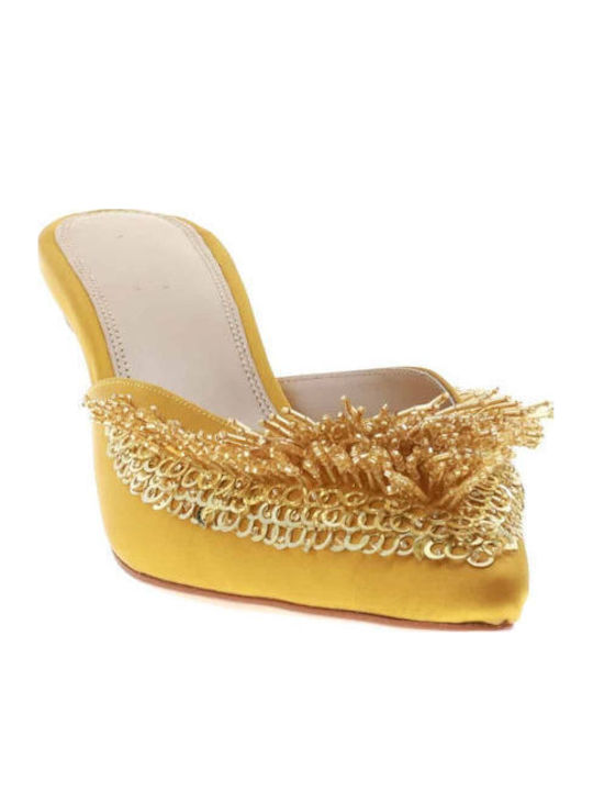 Satin Mules with Low Heel in Yellow Color
