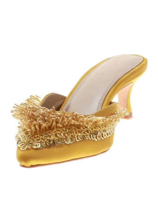 Satin Mules with Low Heel in Yellow Color
