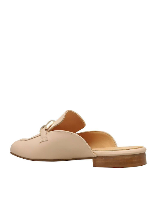 Flat Leather Mules in Ecru Color