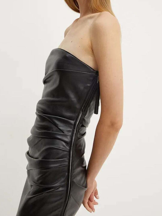 Mini Evening Strapless Leather Dress with Ruffles Black