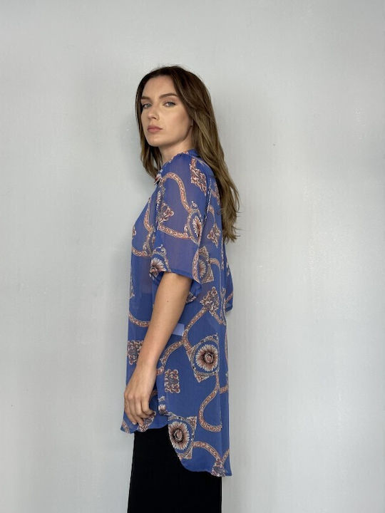 Langärmelig Damen Seidig Hemd Blue
