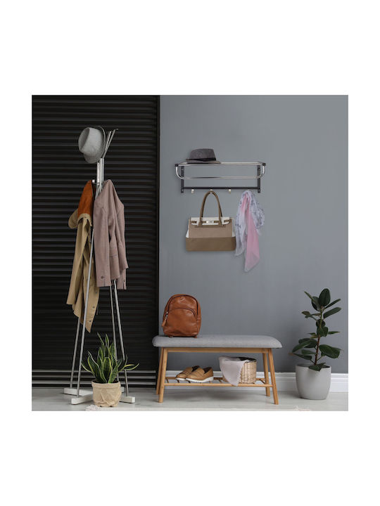 Cuier de Perete cu Raft 4 Cârlige din Oțel Dimensiuni 25 X 60 X 32.5 Cm Negru Argintiu Relaxdays