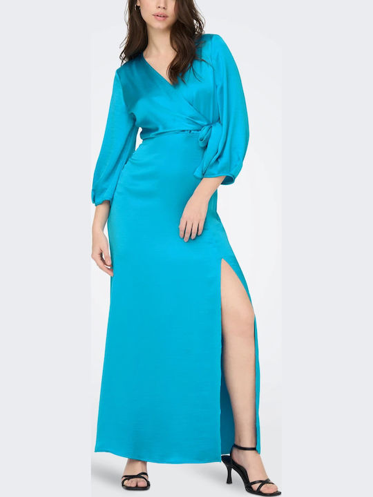 Summer Maxi Dress for Wedding Christening Satin Cyan Blue