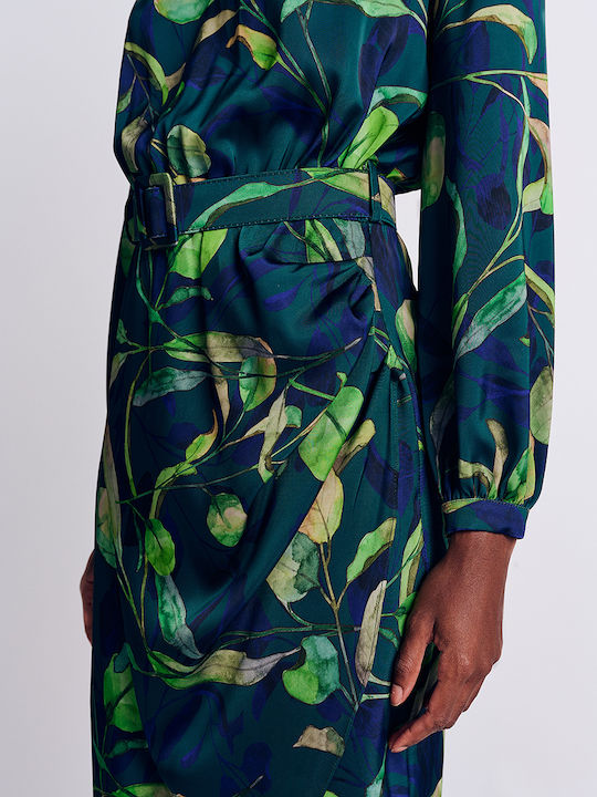Midi Dress Long Sleeve Satin Wrap Green