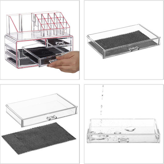 Relaxdays Organizator Cosmetice Cu 4 Sertare Transparent Roz 24x19x13.5cm