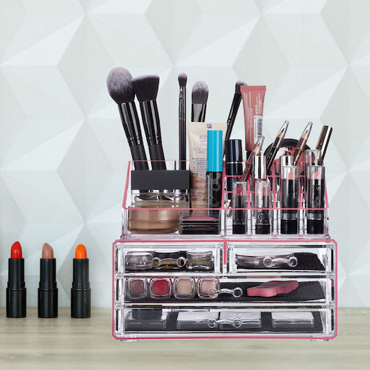 Relaxdays Organizator Cosmetice Cu 4 Sertare Transparent Roz 24x19x13.5cm