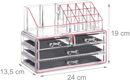 Relaxdays Organizator Cosmetice Cu 4 Sertare Transparent Roz 24x19x13.5cm