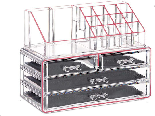 Relaxdays Organizator Cosmetice Cu 4 Sertare Transparent Roz 24x19x13.5cm