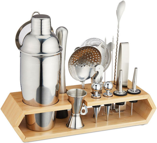 Relaxdays 16-piece Cocktail Shaker Set Stainless Steel Bamboo Base Silver Natural