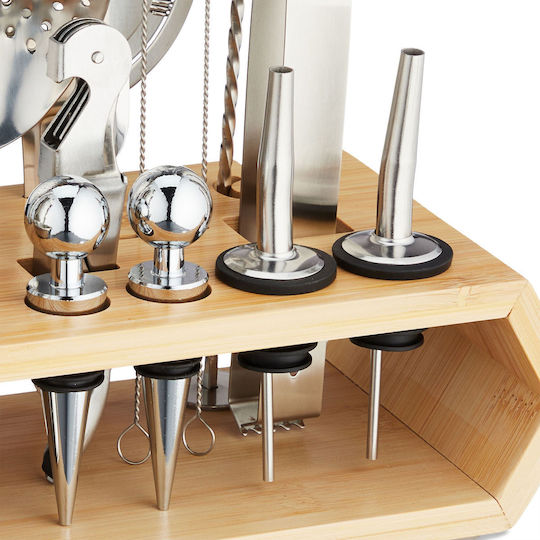 Relaxdays 16-piece Cocktail Shaker Set Stainless Steel Bamboo Base Silver Natural