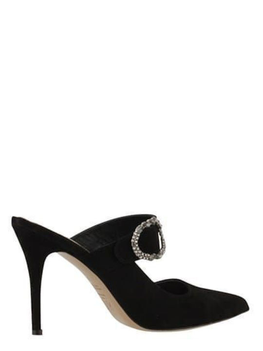 Leather Mules with High Heel in Black Color