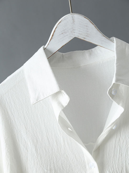 Oversized Linen Midi Shirt Dress White White