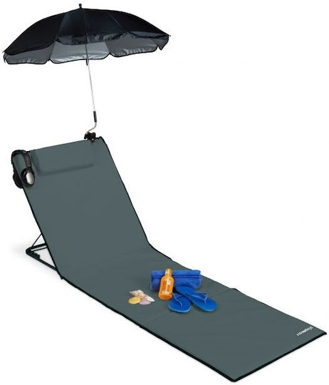Șezlong pliabil de plajă Relaxdays cu suport pentru picioare și umbrelă, gri închis, 6 x 60 x 197 cm