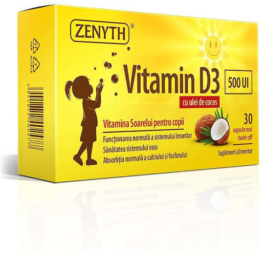 Zenyth Vitamina D3 pentru Întărirea Sistemului Imunitar & Sănătatea Oaselor 500iu Coconut 100gr 30 capace