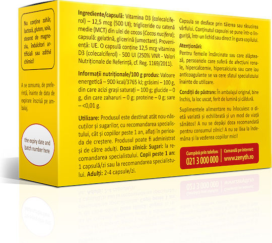Zenyth Vitamina D3 pentru Întărirea Sistemului Imunitar & Sănătatea Oaselor 500iu Coconut 100gr 30 capace