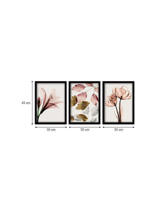 Megapap Pink Flowers Τρίπτυχος Πίνακας Πλαστικός 35x45cm