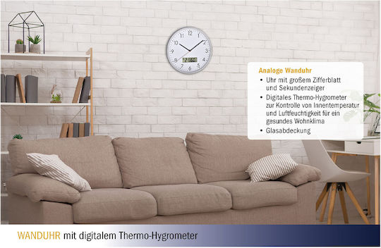 TFA Silent Wall Clock Metallic White/ Silver Ø30.2cm