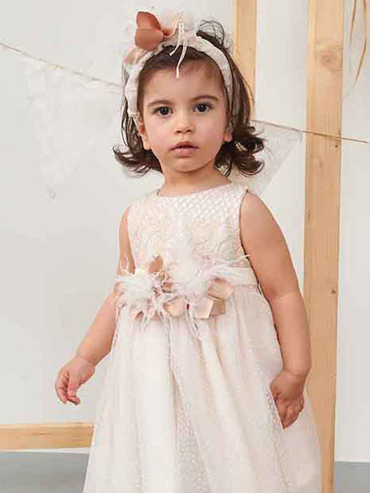 Bonito Baby Beige Baptism Clothing Set with Hair Accessories & Dress made of Tulle 2pcs