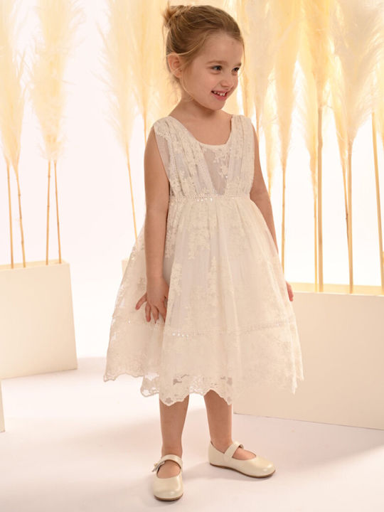 Baby Bloom Εκρού Φόρεμα Βάπτισης από Δαντέλα