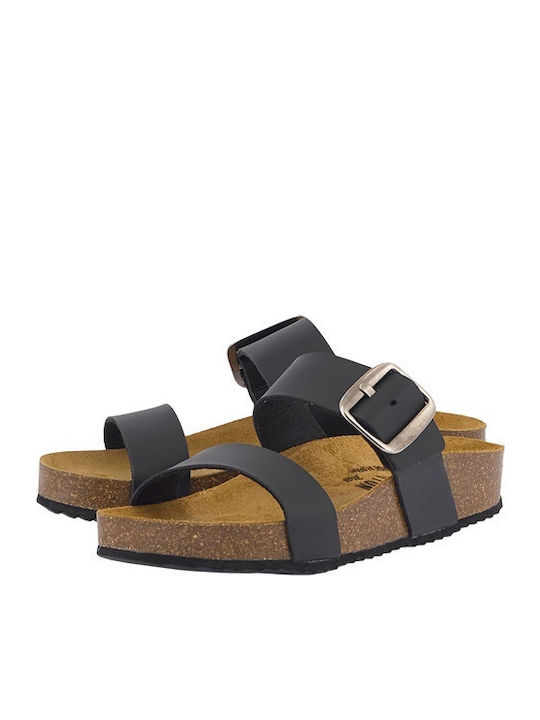 Leather Women's Flat Sandals Anatomic Flatforms in Black Color
