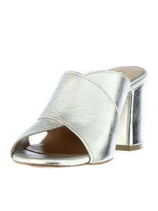 Leder Mules mit Absatz in Silber Farbe