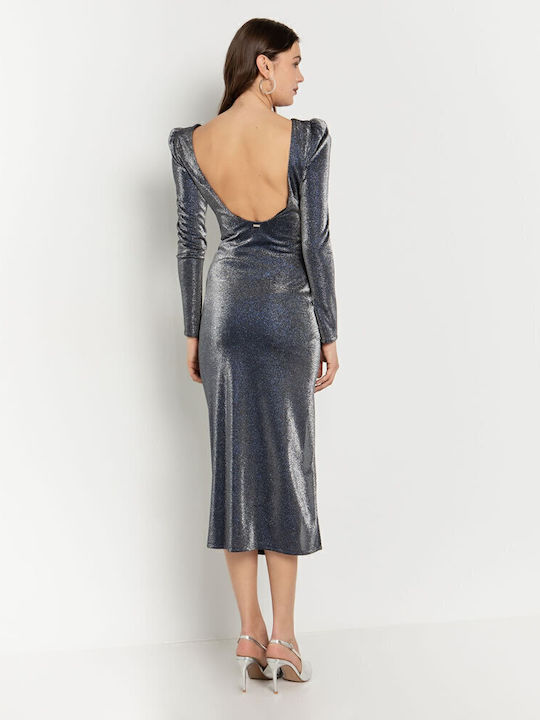 Midi Evening Dress Draped with Slit Glitter