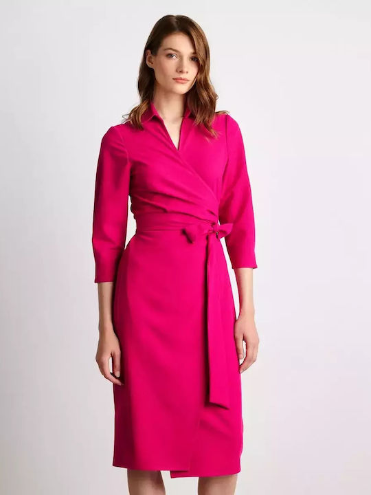 Midi Shirt Dress Dress 3/4 Sleeve Wrap Fuchsia
