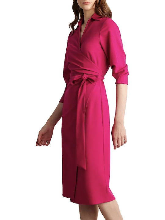 Midi Shirt Dress Dress 3/4 Sleeve Wrap Fuchsia