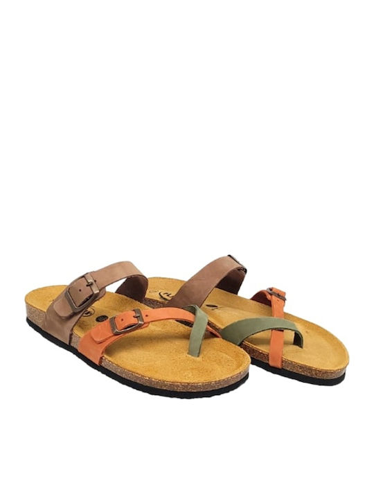 Leather Women's Flat Sandals Brown-Orange-Lime