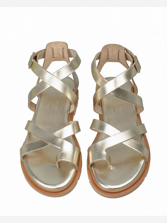 Leather Women's Flat Sandals in Gold Color