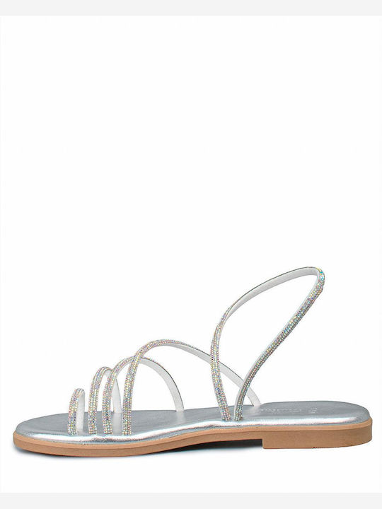 Leather Women's Flat Sandals in Silver Color