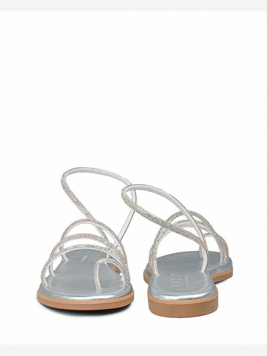 Leather Women's Flat Sandals in Silver Color