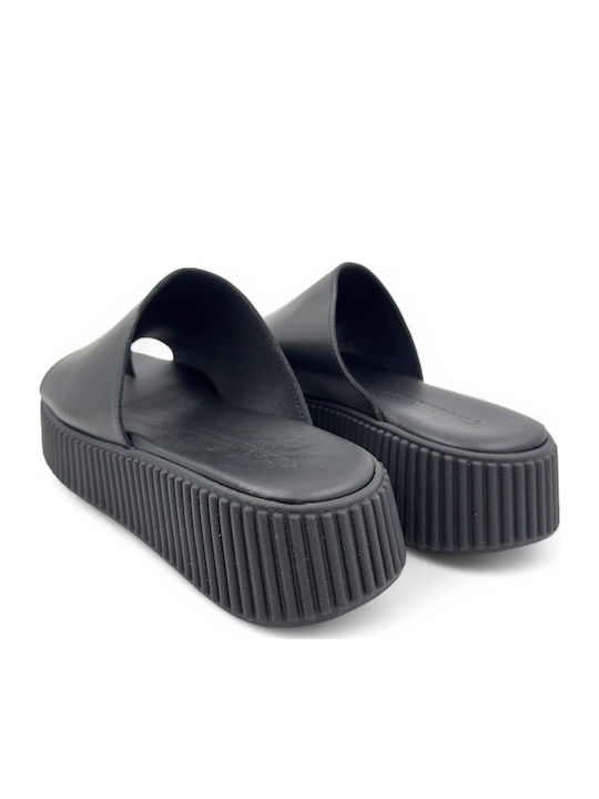 Leather Women's Flat Sandals Flatforms in Black Color
