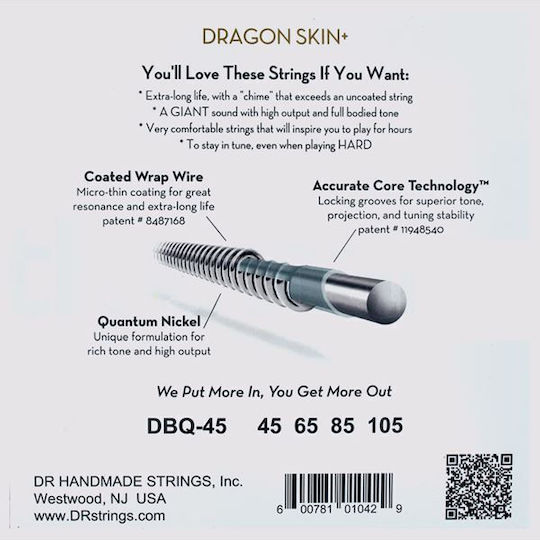 Corzi pentru chitară bas electrică Dr Strings Dragon Skin+ Dbq 45 Quantum Nickel acoperite 045-.105 Medium Long Scale