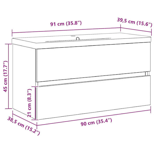 vidaXL Πάγκος με Νιπτήρα Μ90xΒ38.5xΥ45cm Μαύρης Δρυός