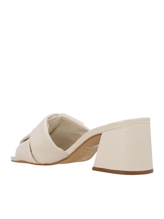 Leather Mules with Chunky High Heel in Ecru Color