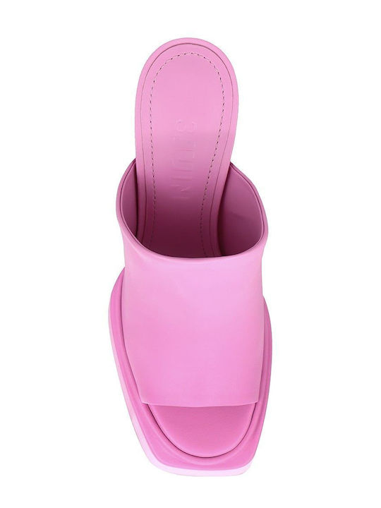 Leather Mules with Chunky High Heel in Pink Color