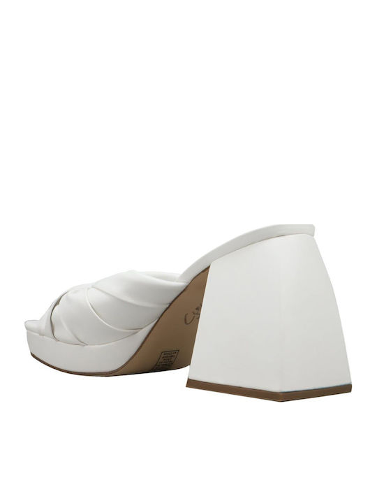 Leather Mules with Chunky Heel in White Color