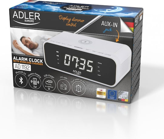 Adler Tischuhr Digital Kunststoff mit Radio & Kabellosem Aufladen Weiß AD 1192
