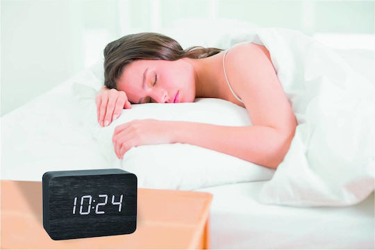 TFA Tabletop Digital Wooden Clock with Alarm Clock Black