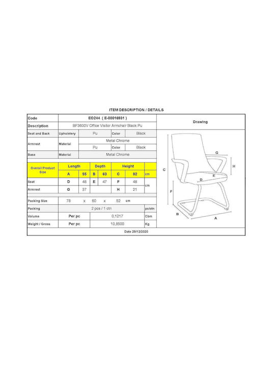 Sessel BF3600V mit Armlehnen Black 55x63x92cm 2Stück
