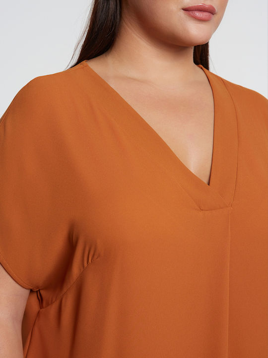 Women's Blouse Short Sleeve with V Neckline Brown