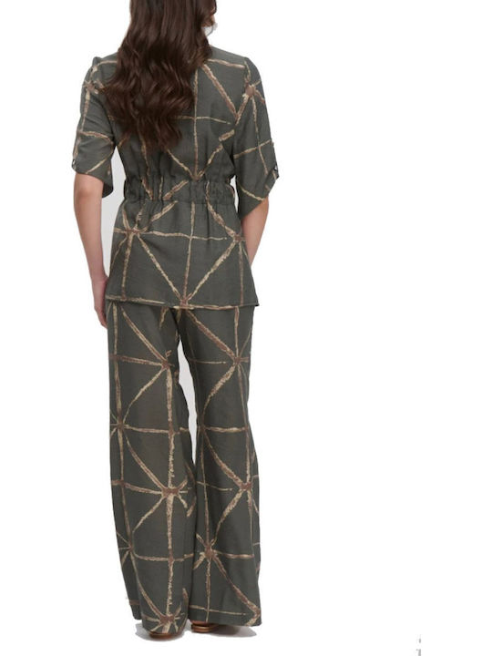 Women's Khaki Set with High-waisted Pants with Elastic