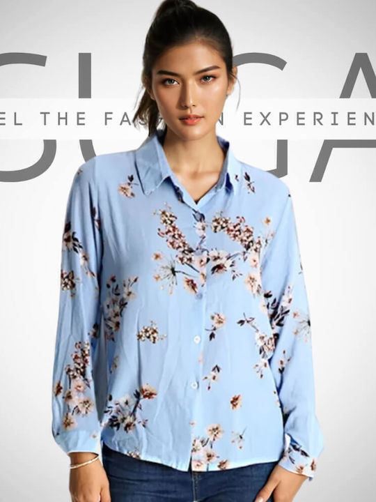Long Sleeve Women's Shirt Light Blue Floral
