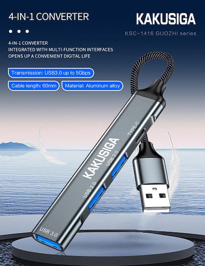 Kakusiga USB-Hub 4 Anschlüsse USB 3.0 mit USB-C Verbindung Grau