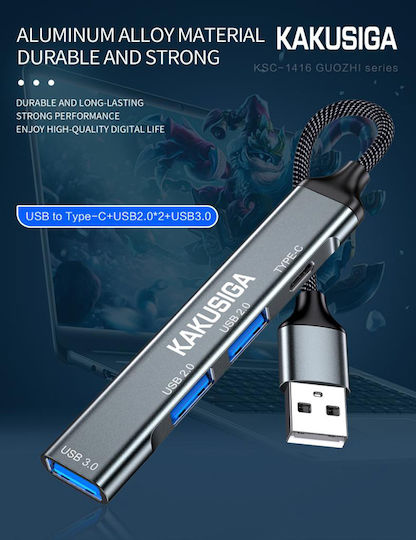 Kakusiga USB-Hub 4 Anschlüsse USB 3.0 mit USB-C Verbindung Grau